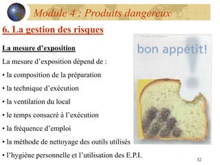 32
Module 4 : Produits dangereux
6. La gestion des risques
La mesure d’exposition
La mesure d’exposition dépend de :
• la composition de la préparation
• la technique d’exécution
• la ventilation du local
• le temps consacré à l’exécution
• la fréquence d’emploi
• la méthode de nettoyage des outils utilisés
• l’hygiène personnelle et l’utilisation des E.P.I.
 