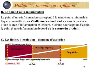 45
Module 5 : Incendie et explosion
B. Le point d’auto-inflammation
Le point d’auto-inflammation correspond à la température minimale à
laquelle un matériau va s’enflammer « tout seul » - sans la présence
d’une source d’inflammation extérieure. Comme pour le point d’éclair,
le point d’auto-inflammation dépend de la nature du produit.
C. Les limites d’explosion – domaine d’explosion
 