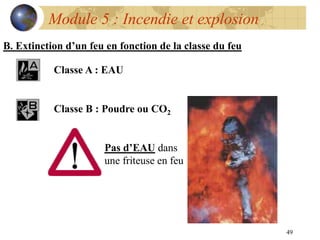 49
Module 5 : Incendie et explosion
B. Extinction d’un feu en fonction de la classe du feu
Classe A : EAU
Classe B : Poudre ou CO2
Pas d’EAU dans
une friteuse en feu
 