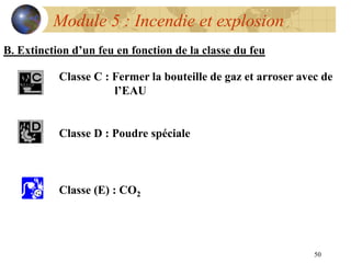 50
Module 5 : Incendie et explosion
B. Extinction d’un feu en fonction de la classe du feu
Classe C : Fermer la bouteille de gaz et arroser avec de
l’EAU
Classe D : Poudre spéciale
Classe (E) : CO2
 