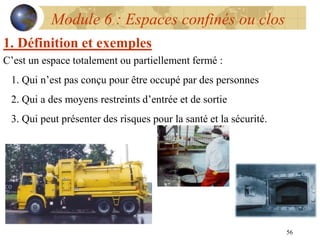 56
Module 6 : Espaces confinés ou clos
1. Définition et exemples
C’est un espace totalement ou partiellement fermé :
1. Qui n’est pas conçu pour être occupé par des personnes
2. Qui a des moyens restreints d’entrée et de sortie
3. Qui peut présenter des risques pour la santé et la sécurité.
 