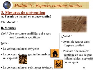 60
Module 6 : Espaces confinés ou clos
3. Mesures de prévention
A. Permis de travail en espace confiné
Cfr. Module 3
B. Mesures
Qui ? Une personne qualifiée, qui a reçu
une formation spécifique
Quoi ?
• La concentration en oxygène
• La concentration en gaz inflammables
ou explosifs
• La concentration en substances toxiques
Quand ?
• Avant de rentrer dans
l’espace confiné
• Pendant : de manière
continue en cas de gaz
inflammables, explosifs
ou toxiques
 