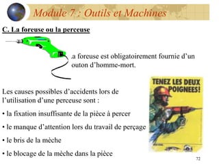 72
Module 7 : Outils et Machines
C. La foreuse ou la perceuse
La foreuse est obligatoirement fournie d’un
bouton d’homme-mort.
Les causes possibles d’accidents lors de
l’utilisation d’une perceuse sont :
• la fixation insuffisante de la pièce à percer
• le manque d’attention lors du travail de perçage
• le bris de la mèche
• le blocage de la mèche dans la pièce
 