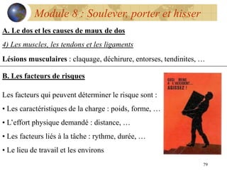 79
Module 8 : Soulever, porter et hisser
A. Le dos et les causes de maux de dos
4) Les muscles, les tendons et les ligaments
Lésions musculaires : claquage, déchirure, entorses, tendinites, …
B. Les facteurs de risques
Les facteurs qui peuvent déterminer le risque sont :
• Les caractéristiques de la charge : poids, forme, …
• L’effort physique demandé : distance, …
• Les facteurs liés à la tâche : rythme, durée, …
• Le lieu de travail et les environs
 