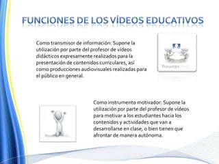 FUNCIONES DE LOS VÍDEOS EDUCATIVOSComo transmisor de información: Supone la utilización por parte del profesor de vídeos didácticos expresamente realizados para la presentación de contenidos curriculares, así como producciones audiovisuales realizadas para el público en general.Como instrumento motivador: Supone la utilización por parte del profesor de vídeos para motivar a los estudiantes hacia los contenidos y actividades que van a desarrollarse en clase, o bien tienen que afrontar de manera autónoma. 