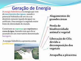 Geração de Energia
A energia hidrelétrica é a energia que vem
do movimento das águas, usando o
potencial hidráulico de um rio e os           Alagamentos de
desníveis naturais (queda da água) ou         grandes áreas
artificiais. Essa energia é a segunda maior
fonte de eletricidade do mundo.
                                              Perda de
Constroem-se represas que reprimem o          biodiversidade
curso da água, fazendo com que ela se
acumule em um reservatório denominado
                                              animal e vegetal
barragem.
                                              Liberação de CO2
A energia hidrelétrica apresenta certos
                                              devido a
problemas
                                              decomposição dos
                                              vegetais

                                              Atrapalha a piracema
 