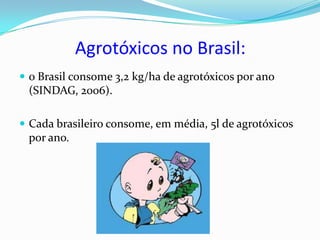 Agrotóxicos no Brasil:
 o Brasil consome 3,2 kg/ha de agrotóxicos por ano
 (SINDAG, 2006).

 Cada brasileiro consome, em média, 5l de agrotóxicos
 por ano.
 