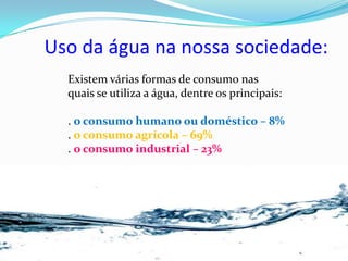 Uso da água na nossa sociedade:
  Existem várias formas de consumo nas
  quais se utiliza a água, dentre os principais:

  . o consumo humano ou doméstico – 8%
  . o consumo agrícola – 69%
  . o consumo industrial – 23%
 