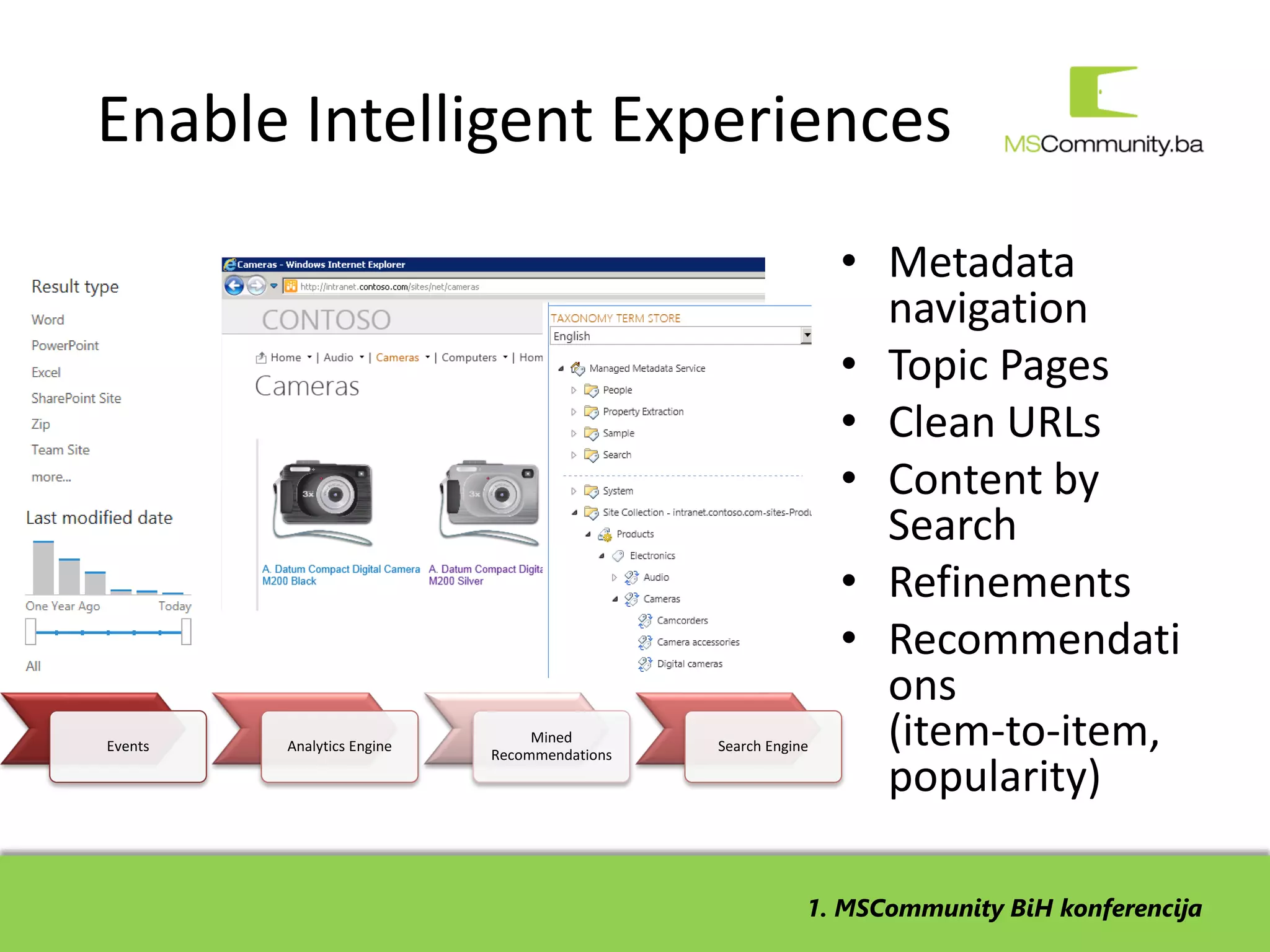 Enable Intelligent Experiences
                                                              • Metadata
                                                                navigation
                                                              • Topic Pages
                                                              • Clean URLs
                                                              • Content by
                                                                Search
                                                              • Refinements
                                                              • Recommendati
                                                                ons
Events   Analytics Engine
                                 Mined
                            Recommendations
                                              Search Engine     (item-to-item,
                                                                popularity)

                                                          1. MSCommunity BiH konferencija
 