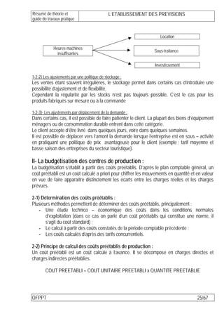 Résumé de théorie et                          L’ETABLISSEMENT DES PREVISIONS
guide de travaux pratique


                                                                     Location

            Heures machines
                                                                  Sous-traitance
              insuffisantes

                                                                  Investissement

1-2-2) Les ajustements par une politique de stockage :
Les ventes étant souvent irrégulières, le stockage permet dans certains cas d’introduire une
possibilité d’ajustement et de flexibilité.
Cependant la régularité par les stocks n’est pas toujours possible. C’est le cas pour les
produits fabriqués sur mesure ou à la commande

1-2-3)- Les ajustements par déplacement de la demande :
Dans certains cas, il est possible de faire patienter le client. La plupart des biens d’équipement
ménagers ou de consommation durable entrent dans cette catégorie.
Le client accepte d’être livré dans quelques jours, voire dans quelques semaines.
Il est possible de déplacer vers l’amont la demande lorsque l’entreprise est en sous – activité
en pratiquant une politique de prix avantageuse pour le client (exemple ; tarif moyenne et
basse saison des entreprises du secteur touristique).

II- La budgétisation des centres de production :
La budgétisation s’établit à partir des coûts préétablis. D’après le plan comptable général, un
coût préétabli est un coût calculé a priori pour chiffrer les mouvements en quantité et en valeur
en vue de faire apparaître distinctement les écarts entre les charges réelles et les charges
prévues.

2-1) Détermination des coûts préétablis :
Plusieurs méthodes permettent de déterminer des coûts préétablis, principalement :
   - Une étude technico – économique des coûts dans les conditions normales
       d’exploitation (dans ce cas on parle d’un coût préétablis qui constitue une norme, il
       s’agit du coût standard) ;
   - Le calcul à partir des coûts constatés de la période comptable précédente ;
   - Les coûts calculés d’après des tarifs concurrentiels.

2-2) Principe de calcul des coûts préétablis de production :
Un coût préétabli est un coût calculé à l’avance. Il se décompose en charges directes et
charges indirectes préétablies.

        COUT PREETABLI = COUT UNITAIRE PREETABLI x QUANTITE PREETABLIE




OFPPT                                                                                    25/67
 