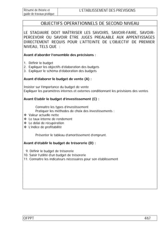 Résumé de théorie et                  L’ETABLISSEMENT DES PREVISIONS
guide de travaux pratique

             OBJECTIFS OPERATIONNELS DE SECOND NIVEAU

LE STAGIAIRE DOIT MAÎTRISER LES SAVOIRS, SAVOIR-FAIRE, SAVOIR-
PERCEVOIR OU SAVOIR ÊTRE JUGES PREALABLE AUX APPENTISSAGES
DIRECTEMENT REQUIS POUR L'ATTEINTE DE L'OBJECTIF DE PREMIER
NIVEAU, TELS QUE :

Avant d’aborder l’ensemble des précisions :

1. Définir le budget
2. Expliquer les objectifs d’élaboration des budgets
3. Expliquer le schéma d’élaboration des budgets

Avant d’élaborer le budget de vente (A) :

Insister sur l’importance du budget de vente
Expliquer les paramètres internes et externes conditionnant les prévisions des ventes

Avant Etablir le budget d’investissement (C) :

         Connaître les types d’investissement
         Pratiquer les méthodes de choix des investissements :
    Valeur actuelle nette
    Le taux interne de rendement
    Le délai de récupération
    L’indice de profitabilité

         Présenter le tableau d’amortissement d’emprunt.

Avant d’établir le budget de trésorerie (D) :

 9. Définir le budget de trésorerie
10. Saisir l’utilité d’un budget de trésorerie
11. Connaître les indicateurs nécessaires pour son établissement




OFPPT                                                                             4/67
 