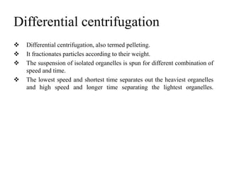Differential centrifugation
 Differential centrifugation, also termed pelleting.
 It fractionates particles according to their weight.
 The suspension of isolated organelles is spun for different combination of
speed and time.
 The lowest speed and shortest time separates out the heaviest organelles
and high speed and longer time separating the lightest organelles.
 