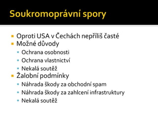 Soukromoprávní sporyOproti USA v Čechách nepříliš častéMožné důvodyOchrana osobnostiOchrana vlastnictvíNekalá soutěžŽalobní podmínkyNáhrada škody za obchodní spamNáhrada škody za zahlcení infrastrukturyNekalá soutěž
