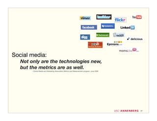 Social media:
   Not only are the technologies new,
   but the metrics are as well.
       --Online Media and Marketing Association Metrics and Measurement program, June 2009




                                                                                             27
 