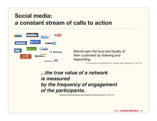 Social media:
a constant stream of calls to action



                                    Brands earn the trust and loyalty of
                                    their customers by listening and
                                    responding.
                                                    --”The Maturation of Social Media ROI,” by Brian Solis, Mashable, Jan. 26, 2010




         ...the true value of a network
         is measured
         by the frequency of engagement
         of the participants.
               -- Interactive Advertising Bureau Social Media Ad Metrics Deﬁnitions, May 2009




                                                                                                                                 29
 