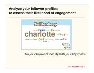 Analyze your follower proﬁles
to assess their likelihood of engagement




         Do your followers identify with your keywords?



                                                     36
 