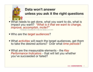 Data won’t answer
                    unless you ask it the right questions

• What needs to get done, what you want to do, what is
  impact you want? “What is it that we want to change,
  improve, accomplish, incite?”
        --”The Maturation of Social Media ROI,” by Brian Solis, Mashable, Jan. 26, 2010




• Who are the target audiences?

• What activities will reach the target audiences, get them
  to take the desired actions? Over what time periods?

• What are the measurable elements - the Key
  Performance Indicators - that will tell you whether
  you’ve succeeded or failed?


                                                                                          7
 