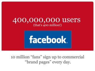 400,000,000 users  (that’s 400 million!) 10 million “fans” sign up to commercial  “brand pages” every day. 