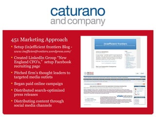 451 Marketing Approach Setup (in)efficient frontiers Blog -  www.inefficientfrontiers.wordpress.com/   Created LinkedIn Group “New England CFO’s,”  setup Facebook recruiting page Pitched firm’s thought leaders to targeted media outlets Began paid online campaign Distributed search-optimized press releases Distributing content through social media channels 