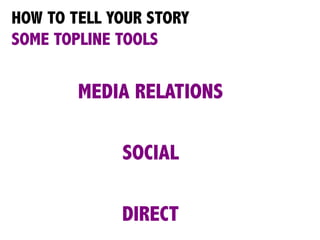 HOW TO TELL YOUR STORY
SOME TOPLINE TOOLS
MEDIA RELATIONS
SOCIAL
DIRECT
 