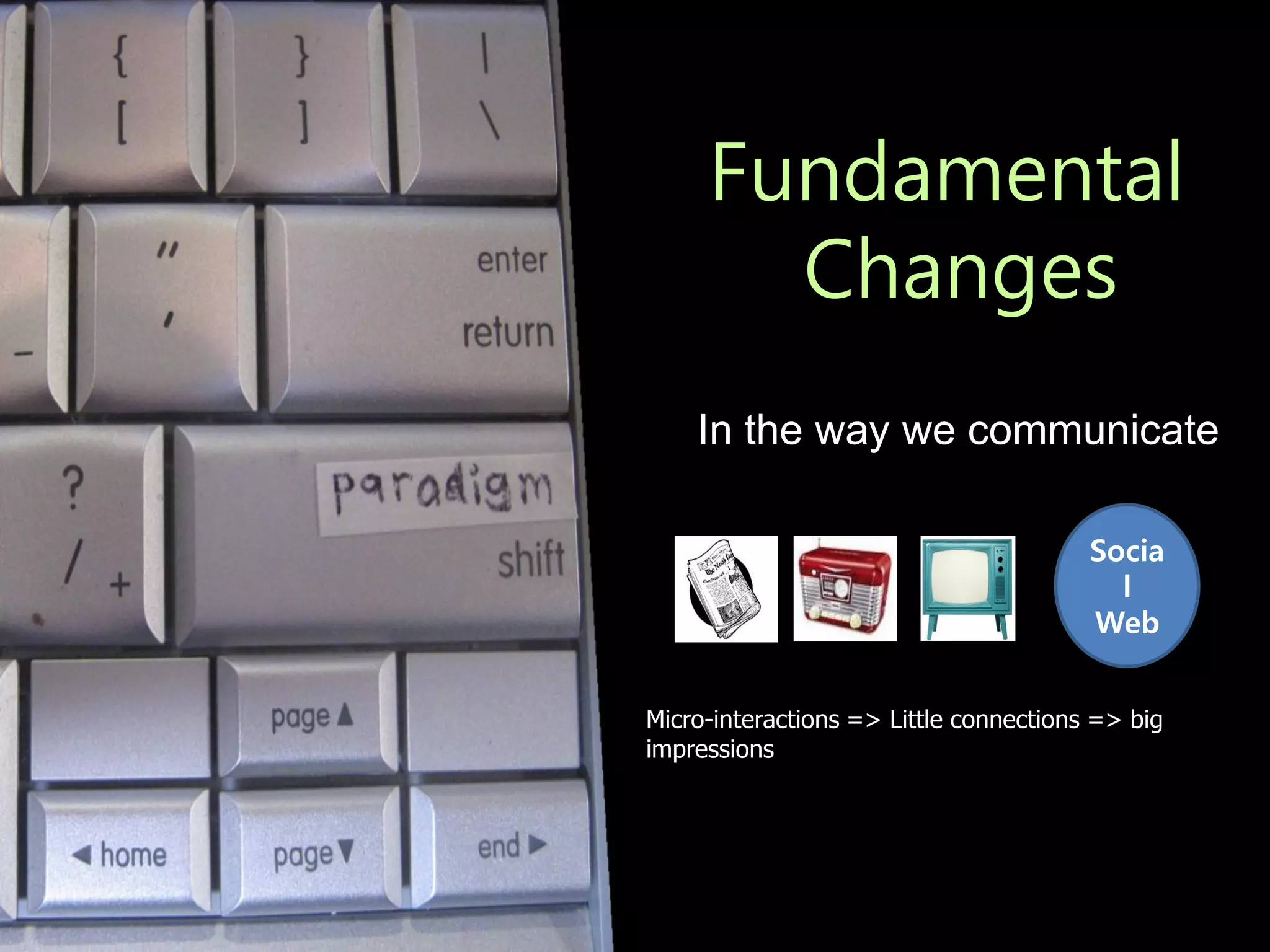 Fundamental
       Changes
    In the way we communicate

                                        Socia
                                          l
                                        Web


Micro-interactions => Little connections => big
impressions
 