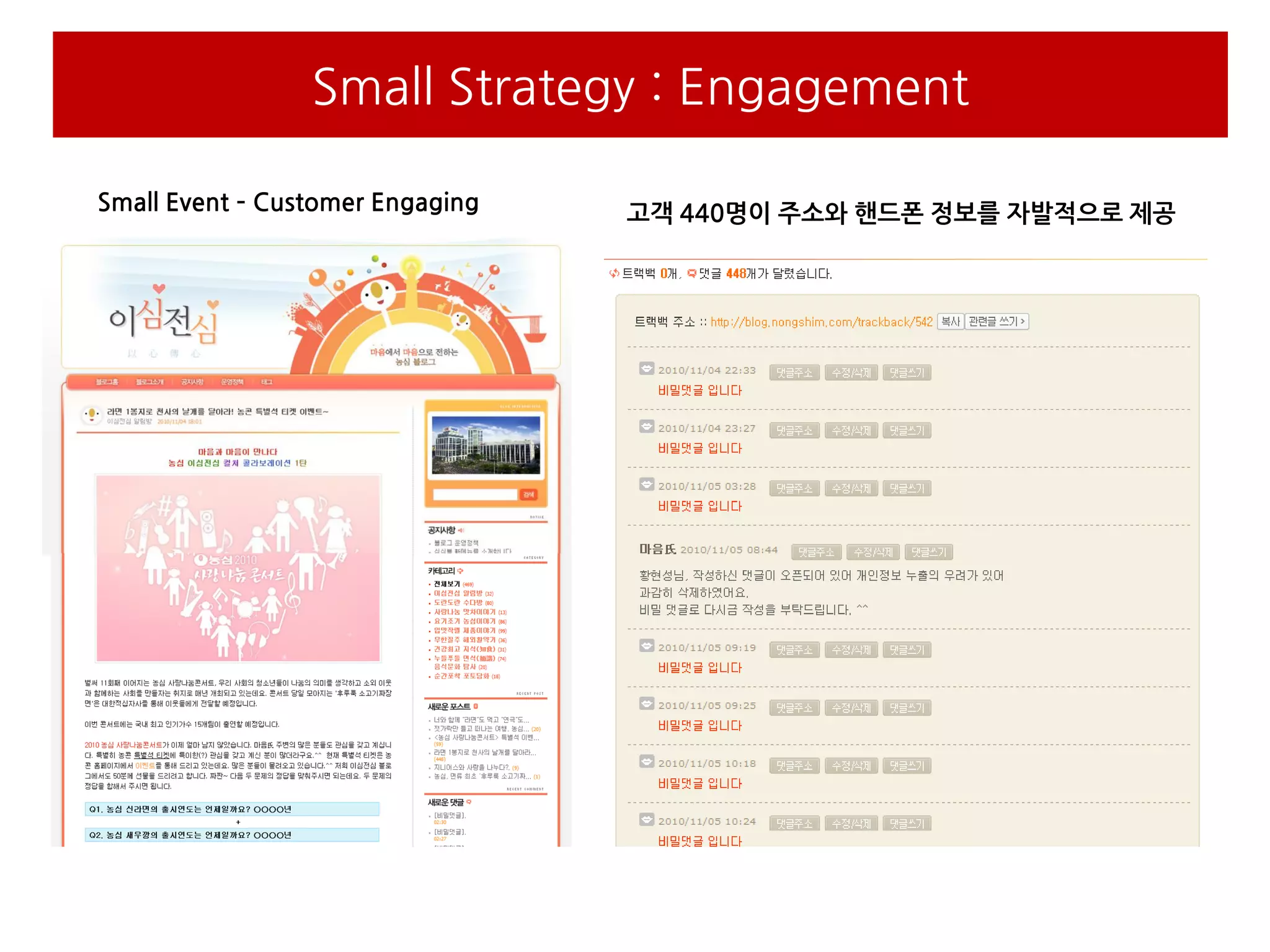 Small Strategy : Engagement

Small Event – Customer Engaging   고객 440명이 주소와 핸드폰 정보를 자발적으로 제공
 