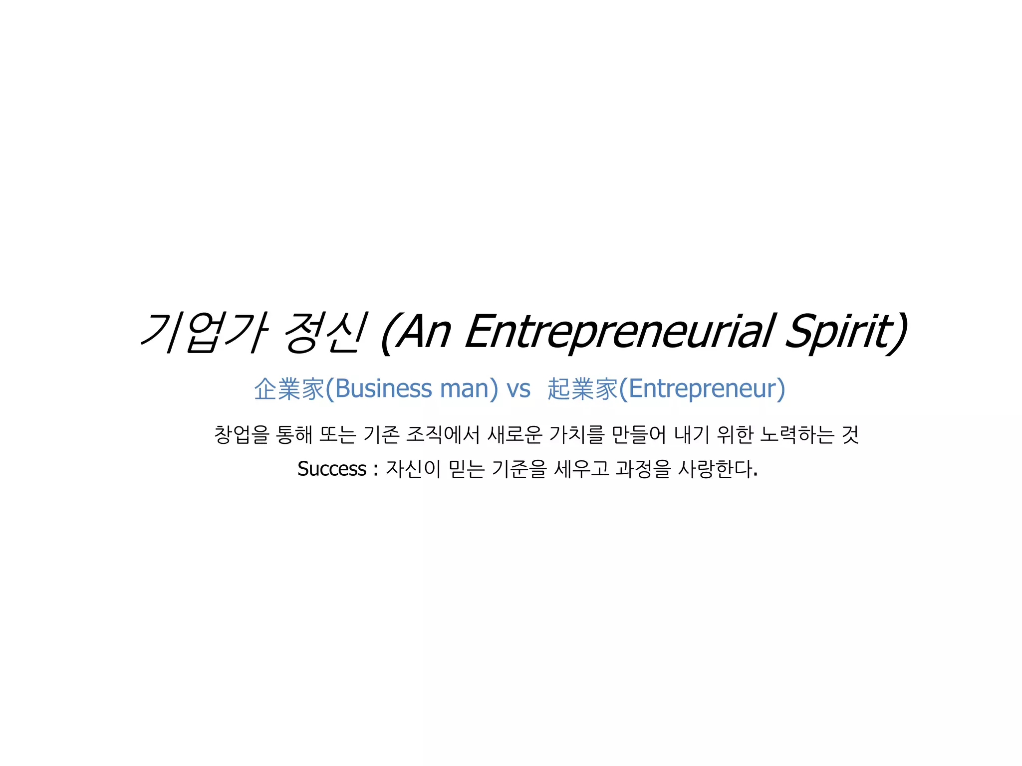 기업가 정싞 (An Entrepreneurial Spirit)
     企業家(Business man) vs 起業家(Entrepreneur)
   창업을 통해 또는 기존 조직에서 새로욲 가치를 만들어 내기 위핚 노력하는 것
        Success : 자싞이 믿는 기준을 세우고 과정을 사랑핚다.
 