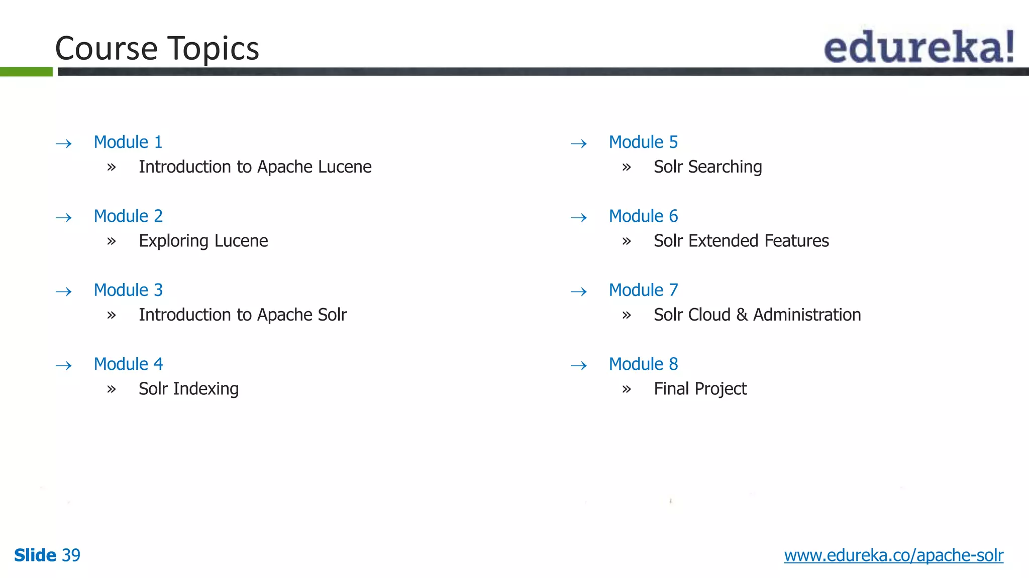 Course Topics 
 Module 5 
» Solr Searching 
 Module 6 
» Solr Extended Features 
 Module 7 
» Solr Cloud & Administration 
 Module 8 
» Final Project 
 Module 1 
» Introduction to Apache Lucene 
 Module 2 
» Exploring Lucene 
 Module 3 
» Introduction to Apache Solr 
 Module 4 
» Solr Indexing 
Slide 39 www.edureka.co/apache-solr 
 