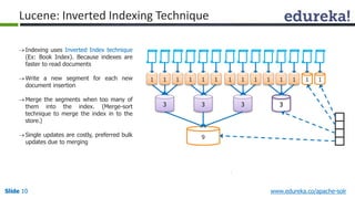 Lucene: Inverted Indexing Technique 
1 1 1 
3 
1 1 1 
3 
1 1 1 
3 
1 1 1 
3 
1 1 
9 
 Indexing uses Inverted Index technique 
(Ex: Book Index). Because indexes are 
faster to read documents 
Write a new segment for each new 
document insertion 
 Merge the segments when too many of 
them into the index. (Merge-sort 
technique to merge the index in to the 
store.) 
 Single updates are costly, preferred bulk 
updates due to merging 
Slide 10 www.edureka.co/apache-solr 
 