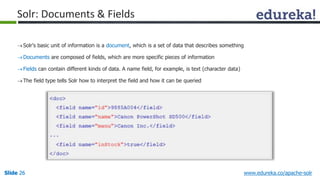 Solr: Documents & Fields 
 Solr's basic unit of information is a document, which is a set of data that describes something 
Documents are composed of fields, which are more specific pieces of information 
 Fields can contain different kinds of data. A name field, for example, is text (character data) 
The field type tells Solr how to interpret the field and how it can be queried 
Slide 26 www.edureka.co/apache-solr 
 