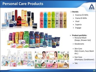 26
Personal Care Products
 Brands:
• Essenza Di Wills
• Fiama Di Wills
• Vivel
• Superia
• Engage
 Product portfolio:
• Personal Wash
(Soaps, Shower Gel)
• Deodorants
• Skin Care
(Skin Cream, Face Wash
etc.)
• Hair Care
(Shampoo, Conditioner)
• Talc
 