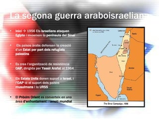 La segona guerra araboisraeliana Inici    1956 Els  israelians ataquen Egipte  i invaeixen la  península del Sinaí Els països àrabs defensen la creació d’un  Estat per part dels refugiats palestins Es crea l’organització de resistència  OAP , dirigida per  Yassir Arafat  al 1964 Els  Estats Units  donen suport a  Israel , i l ’OAP  té el suport dels països  musulmans  i la  URSS El  Pròxim Orient  es converteix en una àrea  d’enfrontament i tensió mundial 