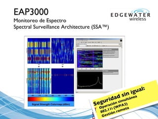 EAP3000 Monitoreo de Espectro  Spectral Surveillance Architecture (SSA™) Seguridad sin igual: Operaci ó n simultánea 802.11i (WPA2) Gestión remota 