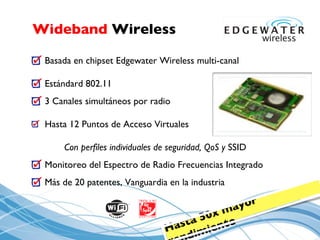 Wideband  Wireless Basada en chipset Edgewater Wireless multi - canal Estándard 802.11  3 Canales simultáneos por radio Hasta 12 Puntos de Acceso Virtuales  Con perfiles individuales de seguridad, QoS y  SSID Monitoreo del Espectro de Radio Frecuencias Integrado Más de 20 patentes, Vanguardia en la industria Hasta 50x mayor rendimiento 