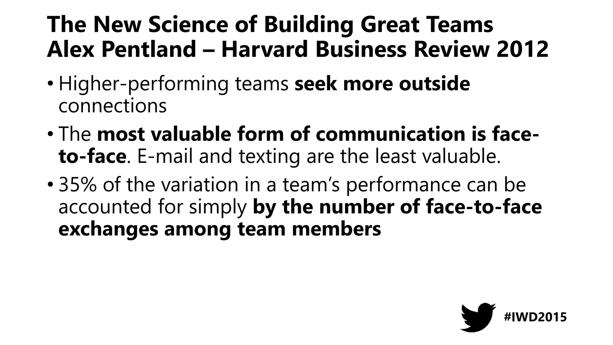 The New Science of Building Great Teams
Alex Pentland – Harvard Business Review 2012
• Higher-performing teams seek more outside
connections
• The most valuable form of communication is face-
to-face. E-mail and texting are the least valuable.
• 35% of the variation in a team’s performance can be
accounted for simply by the number of face-to-face
exchanges among team members
#IWD2015
 