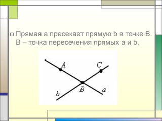 □ Прямая a пресекает прямую b в точке В.
В – точка пересечения прямых a и b.
 
