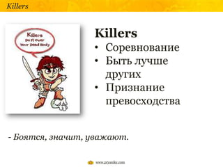 Killers


                  Killers
                  • Соревнование
                  • Быть лучше
                    других
                  • Признание
                    превосходства


- Боятся, значит, уважают.

                  www.pryaniky.com
 