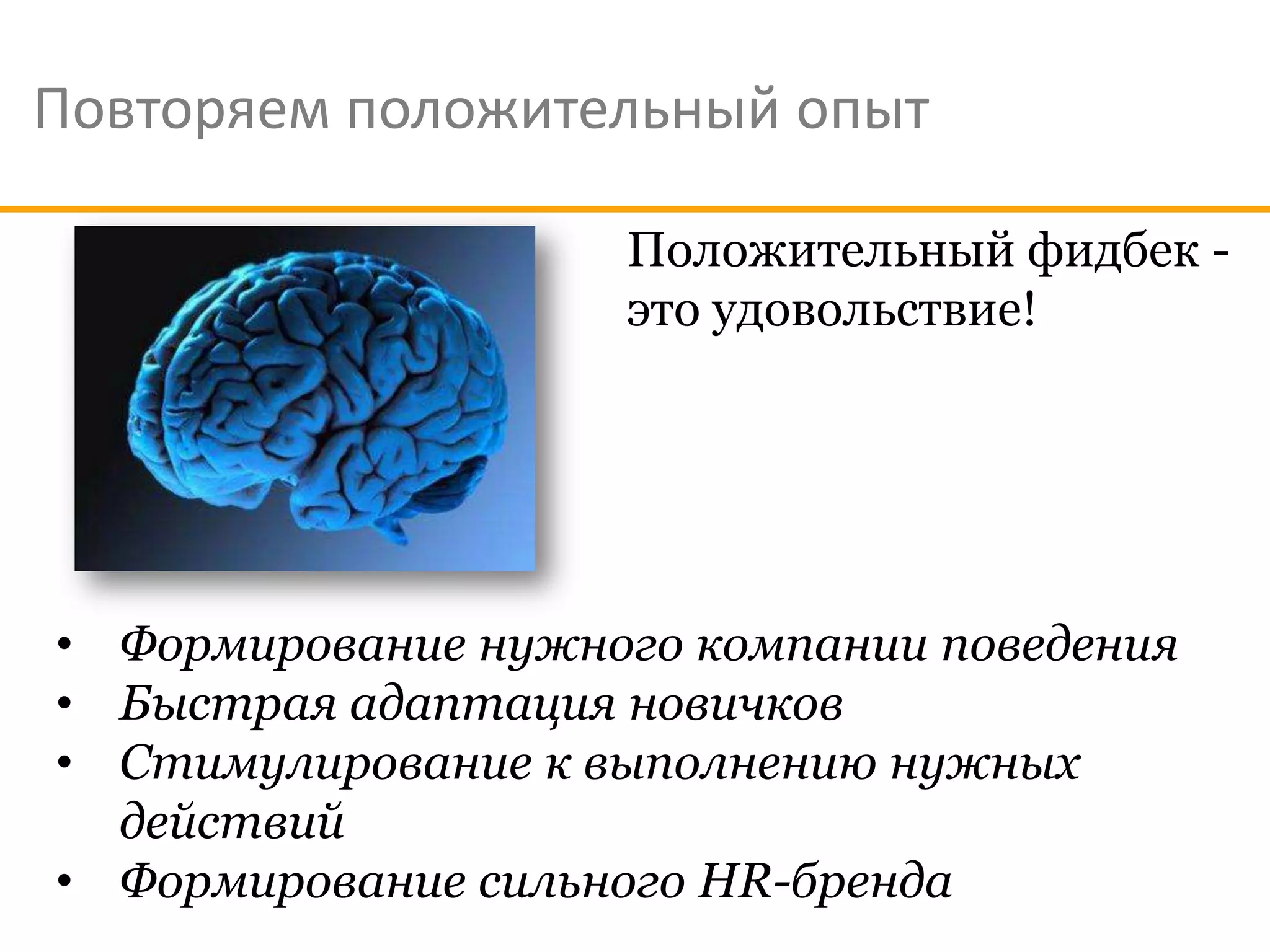 Повторяем положительный опыт

                    Положительный фидбек -
                    это удовольствие!




• Формирование нужного компании поведения
• Быстрая адаптация новичков
• Стимулирование к выполнению нужных
  действий
• Формирование сильного HR-бренда
 