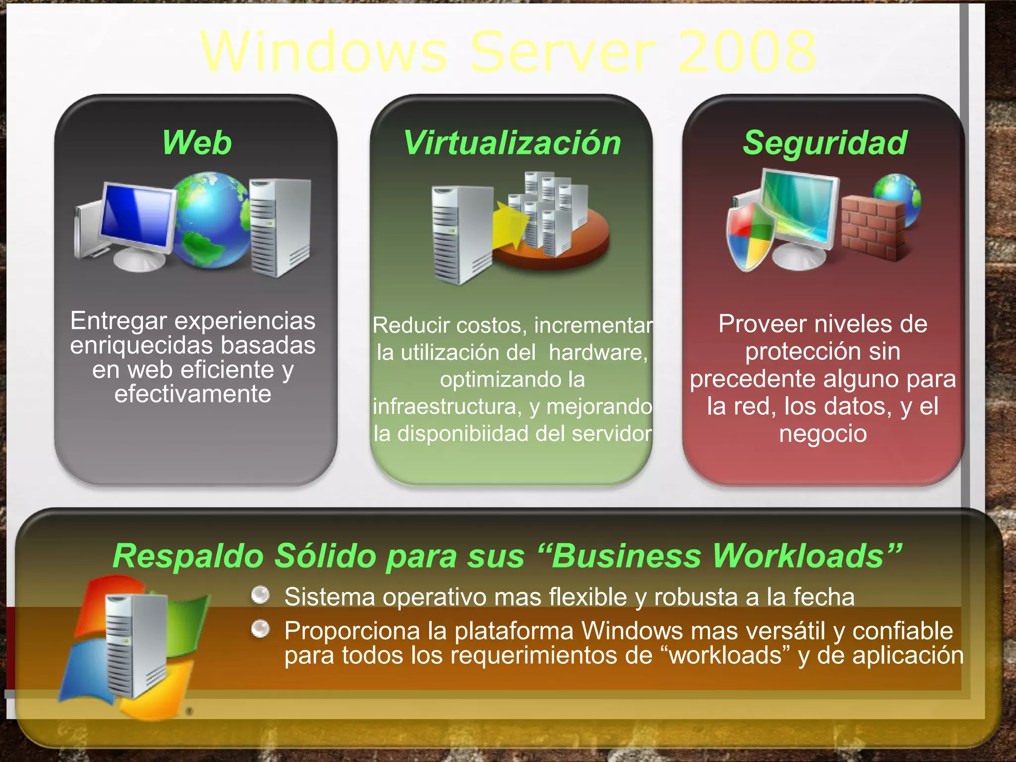 SeguridadWeb Virtualización
Respaldo Sólido para sus “Business Workloads”
Reducir costos, incrementar
la utilización del hardware,
optimizando la
infraestructura, y mejorando
la disponibiidad del servidor
Entregar experiencias
enriquecidas basadas
en web eficiente y
efectivamente
Proveer niveles de
protección sin
precedente alguno para
la red, los datos, y el
negocio
Sistema operativo mas flexible y robusta a la fecha
Proporciona la plataforma Windows mas versátil y confiable
para todos los requerimientos de “workloads” y de aplicación
Windows Server 2008
 