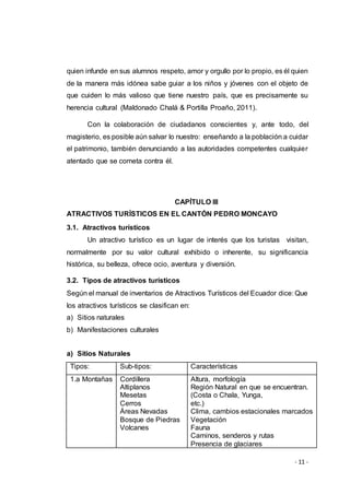 - 11 -
quien infunde en sus alumnos respeto, amor y orgullo por lo propio, es él quien
de la manera más idónea sabe guiar a los niños y jóvenes con el objeto de
que cuiden lo más valioso que tiene nuestro país, que es precisamente su
herencia cultural (Maldonado Chalá & Portilla Proaño, 2011).
Con la colaboración de ciudadanos conscientes y, ante todo, del
magisterio, es posible aún salvar lo nuestro: enseñando a la población a cuidar
el patrimonio, también denunciando a las autoridades competentes cualquier
atentado que se cometa contra él.
CAPÍTULO ІІІ
ATRACTIVOS TURÍSTICOS EN EL CANTÓN PEDRO MONCAYO
3.1. Atractivos turísticos
Un atractivo turístico es un lugar de interés que los turistas visitan,
normalmente por su valor cultural exhibido o inherente, su significancia
histórica, su belleza, ofrece ocio, aventura y diversión.
3.2. Tipos de atractivos turísticos
Según el manual de inventarios de Atractivos Turísticos del Ecuador dice: Que
los atractivos turísticos se clasifican en:
a) Sitios naturales
b) Manifestaciones culturales
a) Sitios Naturales
Tipos: Sub-tipos: Características
1.a Montañas Cordillera
Altiplanos
Mesetas
Cerros
Áreas Nevadas
Bosque de Piedras
Volcanes
Altura, morfología
Región Natural en que se encuentran.
(Costa o Chala, Yunga,
etc.)
Clima, cambios estacionales marcados
Vegetación
Fauna
Caminos, senderos y rutas
Presencia de glaciares
 