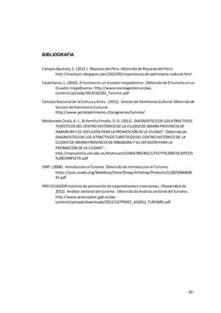 - 20 -
BIBLIOGRAFÍA
CamposBautista,C. (2012 ). Riquezasdel Perú. Obtenidode Riquezasdel Perú:
http://mashjorc.blogspot.com/2012/05/importancia-de-patrimonio-cultural.html
Castellanos,L.(2010). El turismo en un Ecuadormegadiverso . Obtenidode El turismoenun
Ecuador megadiverso:http://www.revistagestion.ec/wp-
content/uploads/2013/10/201_Turismo.pdf
ConsejoNacional de laCulturayArtes. (2011). Sección de Patrimonio Cultural. Obtenidode
Secciónde PatrimonioCultural:
http://www.portalpatrimonio.cl/programas/turismo/
MaldonadoChalá,A.J., & PortillaProaño, D.D. (2011). DIAGNOSTICODE LOSATRACTIVOS
TURÍSTICOSDEL CENTROHISTÓRICODE LA CIUDADDE IBARRA PROVINCIA DE
IMBABURA YSU DIFUSIÓN PARA LA PROMOCIÓN DELA CIUDAD”. Obtenidode
DIAGNOSTICODE LOS ATRACTIVOSTURÍSTICOSDEL CENTROHISTÓRICODE LA
CIUDAD DE IBARRA PROVINCIA DEIMBABURA Y SU DIFUSIÓN PARA LA
PROMOCIÓN DE LA CIUDAD”.:
http://repositorio.utn.edu.ec/bitstream/123456789/401/1/FECYT%20951%20TESIS
%20COMPLETA.pdf
OMT. (2004). Introduccion alTurismo. Obtenidode Introduccional Turismo:
https://pub.unwto.org/WebRoot/Store/Shops/Infoshop/Products/1128/92844026
97.pdf
PRO ECUADOR Institutode promociónde exportacionese inversiones.(Noviembre de
2012). Análisis sectorial del turismo . Obtenidode Análisissectorial del turismo:
http://www.proecuador.gob.ec/wp-
content/uploads/downloads/2012/12/PROEC_AS2012_TURISMO.pdf
 