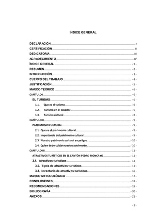 - 1 -
ÍNDICE GENERAL
DECLARACIÓN............................................................................................................ I
CERTIFICACIÓN......................................................................................................... II
DEDICATORIA ........................................................................................................... III
AGRADECIMIENTO...................................................................................................IV
ÍNDICE GENERAL .................................................................................................. - 1 -
RESUMEN................................................................................................................ - 2 -
INTRODUCCIÓN ..................................................................................................... - 3 -
CUERPO DEL TRABAJO ....................................................................................... - 4 -
JUSTIFICACIÓN...................................................................................................... - 5 -
MARCO TEÓRICO .................................................................................................. - 6 -
CAPÍTULO I................................................................................................................. - 6 -
EL TURISMO........................................................................................................ - 6 -
1.1. Que es el turismo..................................................................................... - 6 -
1.2. Turismo en el Ecuador.............................................................................. - 6 -
1.3. Turismo cultural....................................................................................... - 8 -
CAPÍTULO ІІ................................................................................................................ - 9 -
PATRIMONIO CULTURAL......................................................................................... - 9 -
2.1. Que es el patrimonio cultural....................................................................... - 9 -
2.2. Importancia del patrimonio cultural............................................................. - 9 -
2.3. Nuestro patrimonio cultural en peligro........................................................- 10 -
2.4. Quien debe cuidar nuestro patrimonio........................................................- 10 -
CAPÍTULO ІІІ..............................................................................................................- 11 -
ATRACTIVOS TURÍSTICOS EN EL CANTÓN PEDRO MONCAYO...................................- 11 -
3.1. Atractivos turísticos .................................................................................- 11 -
3.2. Tipos de atractivos turísticos...............................................................- 11 -
3.3. Inventario de atractivos turísticos.......................................................- 16 -
MARCO METODOLÓGICO ...................................................................................- 17 -
CONCLUSIONES...................................................................................................- 18 -
RECOMENDACIONES...........................................................................................- 19 -
BIBLIOGRAFÍA ......................................................................................................- 20 -
ANEXOS .................................................................................................................- 21 -
 