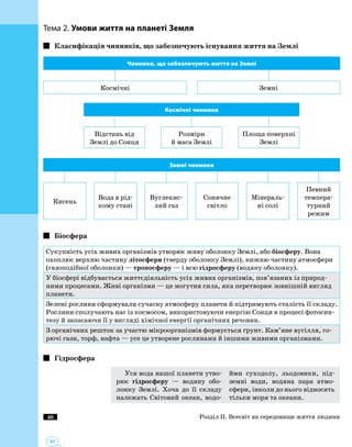 46
46
Тема 2. Умови життя на планеті Земля
Класифікація чинників, що забезпечують існування життя на Землі
Чинники, що забезпечують життя на Землі
Космічні Земні
Космічні чинники
Відстань від
Землі до Сонця
Розміри
й маса Землі
Площа поверхні
Землі
Земні чинники
Кисень
Вода в рід­
кому стані
Вуглекис­
лий газ
Сонячне
світло
Мінераль­
ні солі
Певний
темпера­
турний
режим
Біосфера
Сукупність усіх живих організмів утворює живу оболонку Землі, або біосферу. Вона
охоплює верхню частину літосфери (тверду оболонку Землі), нижню частину атмосфери
(газоподібної оболонки) — тропосферу — і всю гідросферу (водяну оболонку).
У біосфері відбувається життєдіяльність усіх живих організмів, пов’язаних із природ­
ними процесами. Живі організми — це могутня сила, яка перетворює зовнішній вигляд
планети.
Зелені рослини сформували сучасну атмосферу планети й підтримують сталість її складу.
Рослини сполучають нас із космосом, використовуючи енергію Сонця в процесі фотосин­
тезу й запасаючи її у вигляді хімічної енергії органічних речовин.
З органічних решток за участю мікроорганізмів формується ґрунт. Кам’яне вугілля, го­
рючі гази, торф, нафта — усе це утворене рослинами й іншими живими організмами.
Гідросфера
Уся вода нашої планети утво­
рює гідросферу — водяну обо­
лонку Землі. Хоча до її складу
належать Світовий океан, водо­
йми суходолу, льодовики, під­
земні води, водяна пара атмо­
сфери, інколи до нього відносять
тільки моря та океани.
Розділ ІІ. Всесвіт як середовище життя людини
 