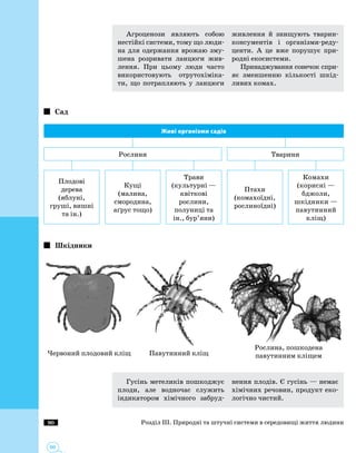 90
90
Агроценози являють собою
нестійкі системи, тому що люди­
на для одержання врожаю зму­
шена розривати ланцюги жив­
лення. При цьому люди часто
використовують отрутохіміка­
ти, що потрапляють у ланцюги
живлення й знищують тварин-
консументів і організми-реду­
центи. А це вже порушує при­
родні екосистеми.
Принаджування сонечок спри­
яє зменшенню кількості шкід­
ливих комах.
Сад
Живі організми садів
Рослини Тварини
Плодові
дерева
(яблуні,
груші, вишні
та ін.)
Кущі
(малина,
смородина,
аґрус тощо)
Трави
(культурні —
квіткові
рослини,
полуниці та
ін., бур’яни)
Комахи
(корисні —
бджоли,
шкідники —
павутинний
кліщ)
Птахи
(комахоїдні,
рослиноїдні)
Шкідники
Червоний плодовий кліщ Павутинний кліщ
Рослина, пошкодена
павутинним кліщем
Гусінь метеликів пошкоджує
плоди, але водночас служить
індикатором хімічного забруд­
нення плодів. Є гусінь — немає
хімічних речовин, продукт еко­
логічно чистий.
Розділ ІІІ. Природні та штучні системи в середовищі життя людини
 
