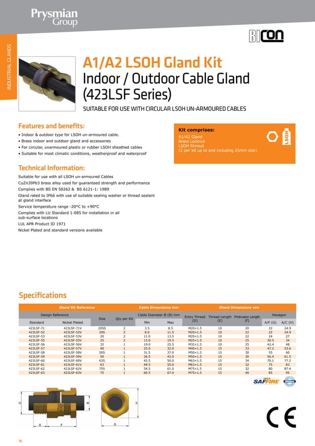 Prysmian BICC BICON Cable Glands Catalogue PDF
