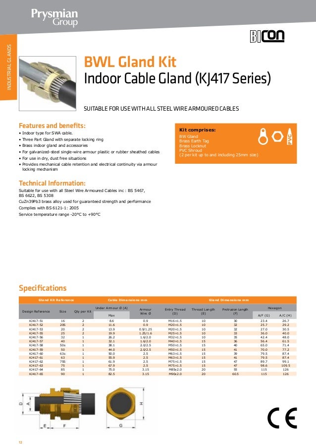 Bicon Cable Gland Selection Chart