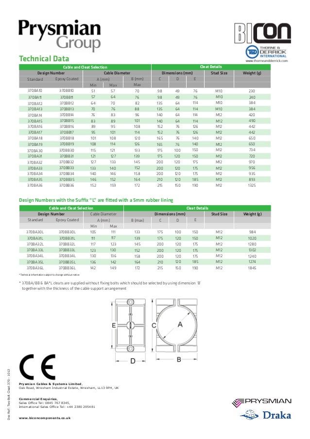 Prysmian BICON 370 2 Bolt Cable Cleats Spec Sheet