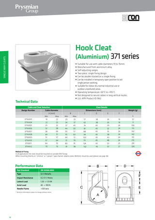 14
Method of Fixing
In all applications the cleat should be mounted on suitable M10 fixings.
When mounting directly on “Unistrut” or “Leprack” type channel, adaptor plate 380AG02 should be used (please see page 38).
EN 50368:2003
Type
Impact Resistance
Lateral Load
Axial Load
Performance Data
* Technical Information subject to change without notice
6.1.1 Metallic
6.2.5 V. Heavy
1.32 - 1.5 kN
82 - 109 N
Test Standard
Needle Flame 120 secs
Technical Data
Cable and Cleat Selection Cleat Details
Design Number Dimensions (mm)
A (mm)
371AA05 25 32
371AA06 32 38
371AA07 38 44
371AA08 44 51
371AA09 51 57
371AA10 57 64
B C
MaxMin
37
44
50
55
64
72
45
50
57
63
72
79
24
24
24
24
24
24
Cable diameter
D F
45
45
45
45
45
45
29
32
35
38
43
48
Weight (g)
G
371AA11 64 70 80 91 2545 53
371AA12 70 76 91 96 2745 57
106
113
142
142
191
213
291
326
E
MaxMin
74
81
88
94
103
111
124
132
371AA03
371AA04
19
22
22
25
29
34
33
37
57
62
38
38
24
26
19
19
57
71
SingleWayCleats
Hook Cleat
(Aluminium) 371series
• Suitable for use with cable diameters 19 to 76mm.
• Manufactured from aluminium alloy.
• Self-adjusting ranges.
• Two-piece, single fixing design.
• Can be double stacked on a single fixing.
• Can be installed in temporary open position to aid
single person working.
• Suitable for indoor dry normal industrial use or
outdoor unpolluted areas.
• Operating temperature -60°C to +105°C.
• Not designed to secure cables in long vertical routes.
• LUL APR Product ID 1962.
 