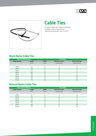 37
Black Nylon Cable Ties
Cable and Cleat Selection Cleat Details
Design Number
BB18S 96
BB40S 150
BB40L 203
BB50A 280
BB50S 190
BB50L 368
(mm)
2.5
3.5
3.5
5.0
5.0
5.0
Length
8
18
18
22
22
22
19
32
50
76
44
100
Width Minimum Tensile
Strength (kg)
Minimum Bundle
Diameter (mm)(mm)
BB120S 380 8.0 54 100
BB120L 550 8.0 54 150
Natural Nylon Cable Ties
Cable and Cleat Selection Cleat Details
Design Number
BN18S 96
BN40S 150
BN40L 203
BN50A 280
BN50S 190
BN50L 368
(mm)
2.5
3.5
3.5
5.0
5.0
5.0
Length
8
18
18
22
22
22
19
32
50
76
44
100
Width Minimum Tensile
Strength (kg)
Minimum Bundle
Diameter (mm)(mm)
BN120S 380 8.0 54 100
Cable Ties
Bundles of cables up to 100mm in diameter.
Available in black or natural finish
Operating temperatures -40°C to +85°C.
Accessories
 