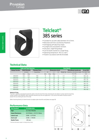 8
Telcleat®
385series
• Suitable for use with cable diameters 10 to 51mm.
• Manufactured from Low Density Polythene.
• Overlapping self-adjusting ranges.
• Sunlight (UV) and weather resistant.
• One piece, single fixing design.
• Can be double stacked on a single fixing.
• Operating temperature -40°C to +60°C.
• Tested in accordance with BS EN 50368.
Method of Fixing
The cleat is opened up and placed around the cable so that the end of the cleat containing the slot will be in contact with the mounting
surface, except for the 385AA01, which should be reversed to put the slot uppermost. In this case an M5 washer should be used to
prevent the nut entering the slot of the cleat.
When mounting directly on channel section an adaptor plate should be used (please see page 38).
Cable and Cleat Selection Cleat Details
Design Number Dimensions (mm)Cable Diameter
A (mm) B
385AA01 10.5 14.5 15 2.3
385AA02 12.2 16.7
385AA03 14.6 19.8
385AA04 17.7 24.0
385AA05 21.7 28.5
385AA06 26.2 34.2
Technical Data
385AA08 39.3 51.1
385AA07 31.9 41.6
17 3.4
21 5.5
25 8.6
30 12.4
35 16.4
42 24
50 35
MaxMin
Standard Pack
Quantities
100
100
100
50
25
25
10
10
C D
MaxMin Max
Roundhead woodscrew
masonry, concrete or wood
ins x No
Screw Bolt
for Cable Tray
mm
18
22
26
31
37
43
52
62
32
36
43
51
57
65
78
91
12
14
16
18
20
22
25
26
Weight (g)
1 1/4
x 8
1 1/2
x 8
1 3/4
x 8
2 x 8
2 1/4
x 12
2 1/2
x 12
2 3/4
x 12
3 1/4
x 12
M4 x 30
M4 x 35
M4 x 40
M4 x 45
M6 x 50
M6 x 60
M6 x 70
M6 x 80
EN 50368:2003
Type
Impact Resistance
Lateral Load
Axial Load
Performance Data
* Technical Information subject to change without notice
6.1.2 Non-Metallic
6.2.4 Heavy - 6.2.5 V. Heavy
0.188 - 0.775 kN
0.046 - 1.118 kN
Test Standard
Needle Flame 60 secs
SingleWayCleats
 